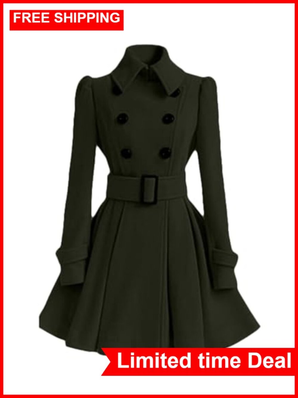Women's Double Breasted Wool Pea Coat Belted Swing Midi Overcoat